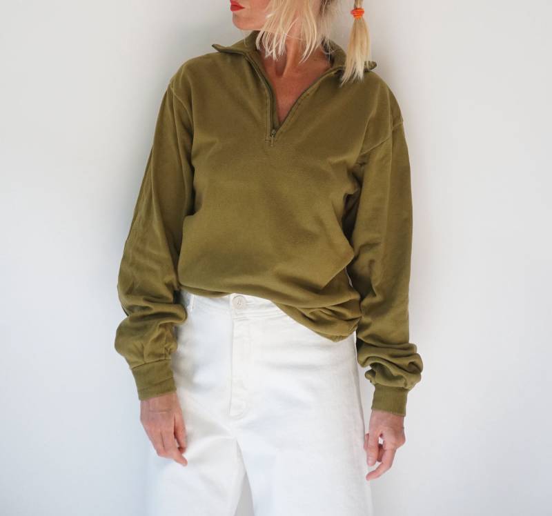 Vintage Chartreuse Grün Half Zip Sweatshirt | Mittelschwere Langarm-Thermik Unisex Frottee Innenausblick Kuscheliger Sweat Perfekte Schicht von SmizeVintage