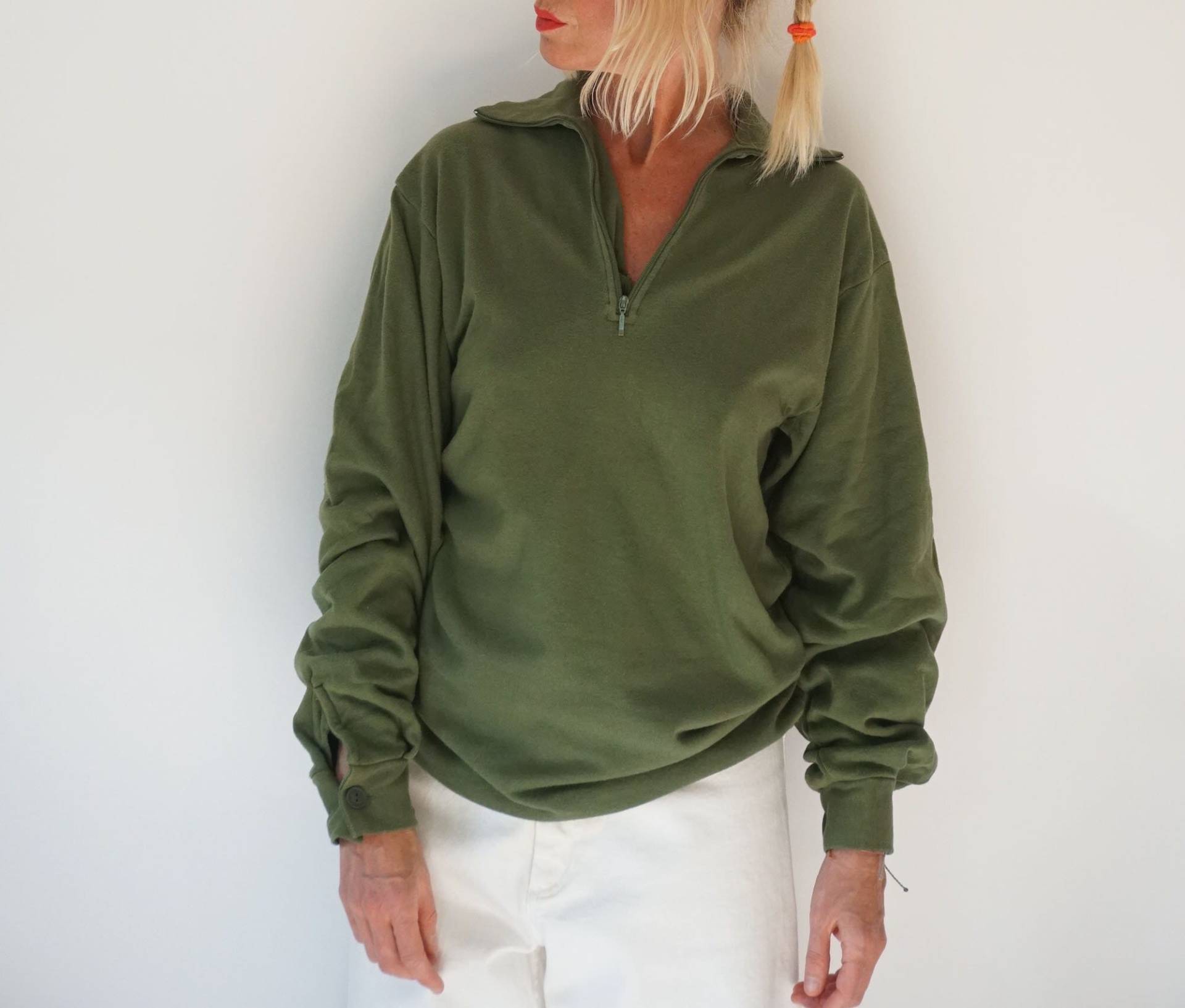 Vintage Moosgrün Half Zip Sweatshirt | Mittelschwere Langarm-Thermik Unisex Frottee Innenausblick Kuscheliger Sweat Perfekte Schicht von SmizeVintage