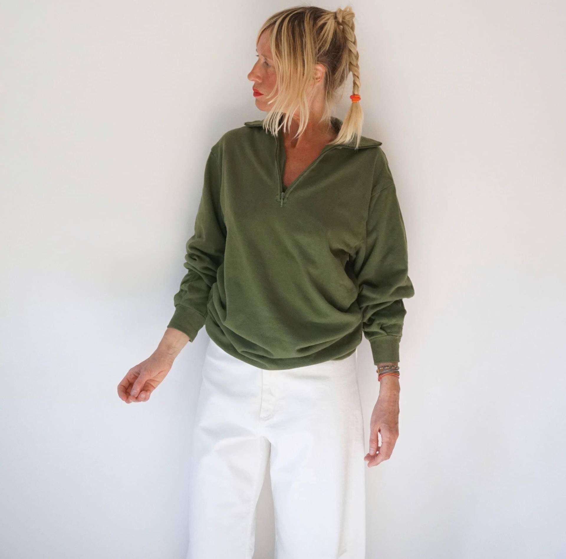 Vintage Moosgrün Half Zip Sweatshirt | Mittelschwere Langarm-Thermik Unisex Frottee Innenausblick Kuscheliger Sweat Perfekte Schicht von SmizeVintage