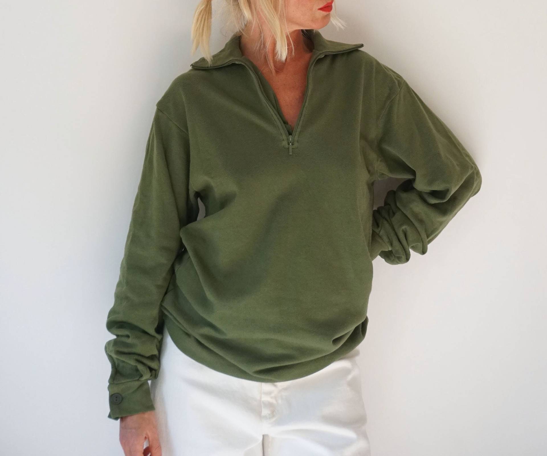 Vintage Moosgrün Half Zip Sweatshirt | Mittelschwere Langarm-Thermik Unisex Frottee Innenausblick Kuscheliger Sweat Perfekte Schicht von SmizeVintage