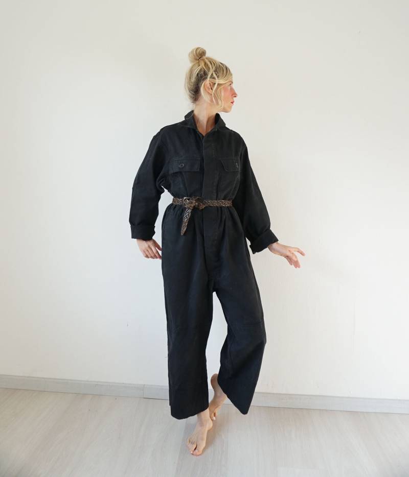 Vintage Schwarzer Baumwoll Overall | Utilitaer-Overall Sprung Anzug Jumpsuit Baumwolle Schwarz Mechanik Blaumann von SmizeVintage