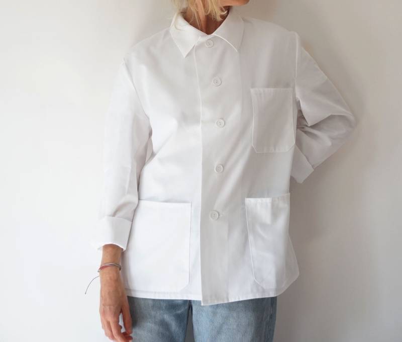 Vintage Weiße Deutsche Chore Mantel Arbeit Jacke | Drei Taschen Arbeitsjacke Unisex Utip Arbeitskleidung M von SmizeVintage