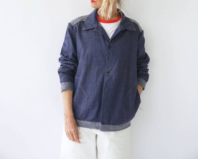 Vintage Zweifarbige Jeansjacke Deutsche Arbeitskleidung | Fischgrät Baumwolle Gebrauchs - Bugatti Jacke Unisex von SmizeVintage