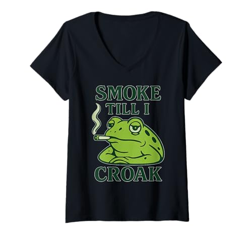 Damen Smoke Till I Croak Lazy Frog Meme-Humor T-Shirt mit V-Ausschnitt von Smoke Till I Croak Funny Frog Pun