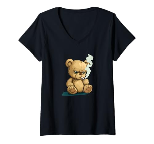 Damen Lustiges Raucher-Teddybär-Kostüm mit Zigarette T-Shirt mit V-Ausschnitt von Smoking Teddy