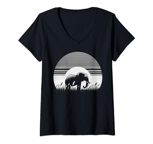 Damen Elefant in einer Savanne bei Sonnenuntergang T-Shirt mit V-Ausschnitt von Smooth HQ
