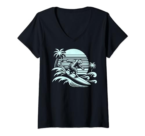 Damen Tiger-Surfwelle im tropischen Ozean Vintage Surf T-Shirt mit V-Ausschnitt von Smooth HQ