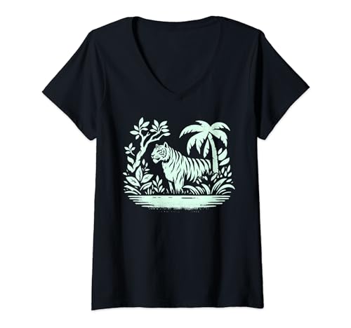 Damen Tiger im Dschungel T-Shirt mit V-Ausschnitt von Smooth HQ