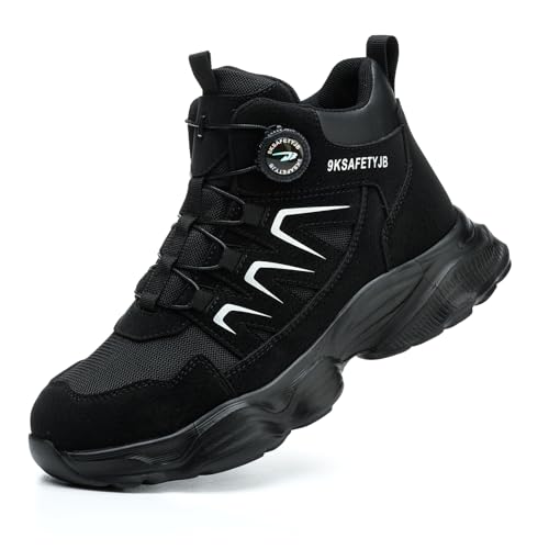 Arbeitsschuhe Herren Damen Sicherheitsschuhe wasserdichte Sicherheitsstiefel Stahlkappenschuhe rutschfeste Schnellverschluss Selbsthemmend Black 39 EU von SmoothPace