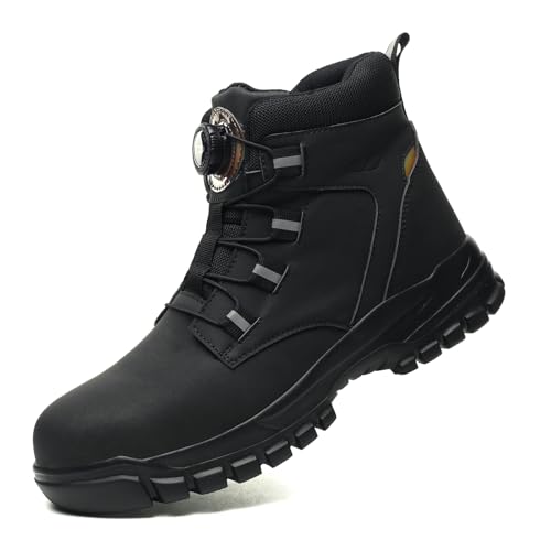 Arbeitsschuhe Herren Damen Sicherheitsschuhe wasserdichte Sicherheitsstiefel Stahlkappenschuhe rutschfeste Schnellverschluss Selbsthemmend Black 45 EU von SmoothPace