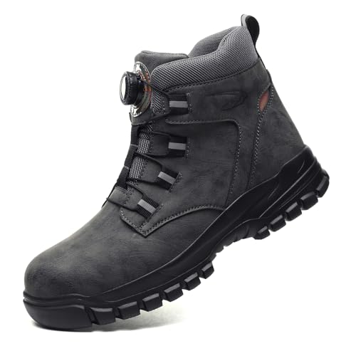 Arbeitsschuhe Herren Damen Sicherheitsschuhe wasserdichte Sicherheitsstiefel Stahlkappenschuhe rutschfeste Schnellverschluss Selbsthemmend Gray 37 EU von SmoothPace