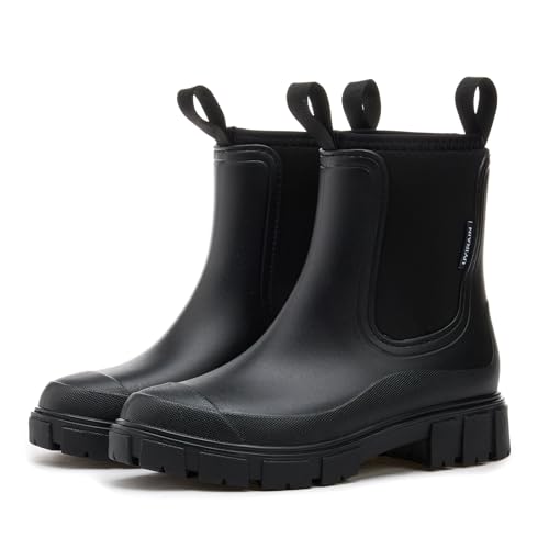 SmoothPace Gummistiefel Damen Gefüttert Wasserdicht Gummistiefeletten Halbhohe Chelsea Boots Rutschsicher Abriebfest Atmungsaktiv Regenschuhe Komfort Garten Stiefeletten Black 40EU/41CN von SmoothPace