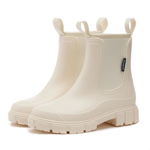 SmoothPace Gummistiefel Damen Gefüttert Wasserdicht Gummistiefeletten Halbhohe Chelsea Boots Rutschsicher Abriebfest Atmungsaktiv Regenschuhe Komfort Garten Stiefeletten White 41EU/42CN von SmoothPace