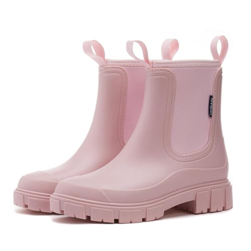 SmoothPace Gummistiefel Damen Gefüttert Wasserdicht Gummistiefeletten Halbhohe Chelsea Boots Rutschsicher Abriebfest Atmungsaktiv Regenschuhe Komfort Garten Stiefeletten Pink 41EU/42CN von SmoothPace