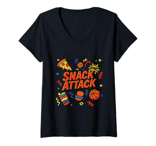 Damen Snack Attack Lustige Lebensmittel Pizza Kinder Kinder Saftbox Schule T-Shirt mit V-Ausschnitt von Snack Attack Design Company Inc.