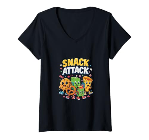 Damen Snack Attack Lustiges Essen Flamingo Kinder Kinder Hai Schule T-Shirt mit V-Ausschnitt von Snack Attack Design Company Inc.