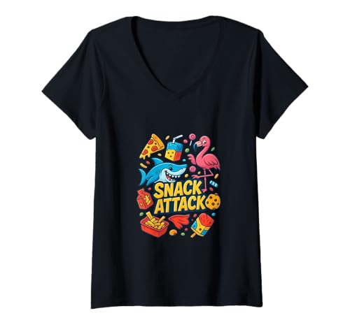 Damen Snack Attack Lustiges Essen Flamingo Kinder Kinder Hai Schule T-Shirt mit V-Ausschnitt von Snack Attack Design Company Inc.