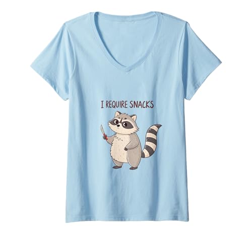 Damen Lustiger Waschbär Cartoon I Require Snacks Kunstwerk T-Shirt mit V-Ausschnitt Damen Lustiger Waschbär Cartoon I Require Snacks Kunstwerk T-Shirt mit V-Ausschnitt von Snack Bandit Studio
