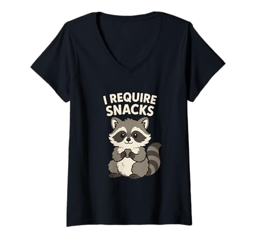 Damen I Require Snacks Waschbär Lustiges Tier Cartoon Humor Food T-Shirt mit V-Ausschnitt Damen I Require Snacks Waschbär Lustiges Tier Cartoon Humor Food T-Shirt mit V-Ausschnitt von Snack Fan Waschbär I Require Snacks Cartoon