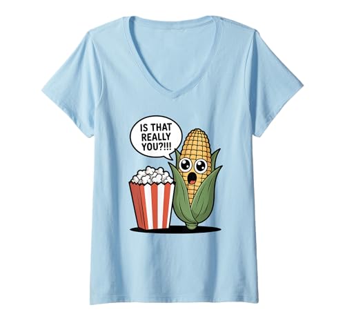 Damen Lustiger Corn Cartoon Popcorn Humor T-Shirt mit V-Ausschnitt Damen Lustiger Corn Cartoon Popcorn Humor T-Shirt mit V-Ausschnitt von Snack Humor Funny Popcorn Saying