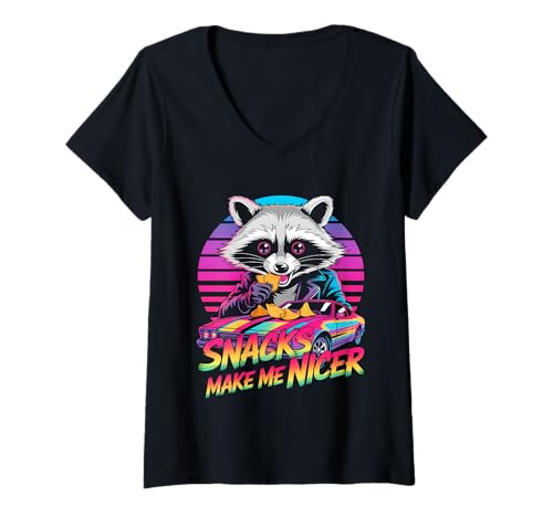 Damen Snacks Make Me Nicer Funny 80s 90s Raccoon Retro Meme Animal T-Shirt mit V-Ausschnitt Damen Snacks Make Me Nicer Funny 80s 90s Raccoon Retro Meme Animal T-Shirt mit V-Ausschnitt von Snack Meme Vibes Chill Humor Squad