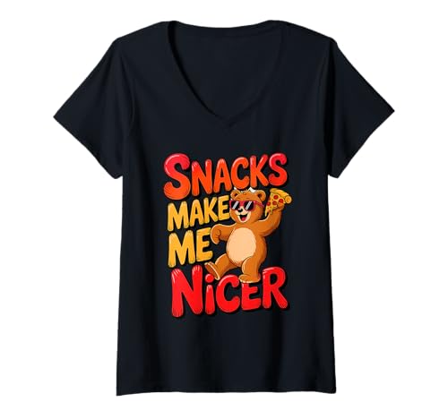 Damen Snacks Make Me Nicer Funny Bear Pizza Meme Animal T-Shirt mit V-Ausschnitt Damen Snacks Make Me Nicer Funny Bear Pizza Meme Animal T-Shirt mit V-Ausschnitt von Snack Meme Vibes Chill Humor Squad