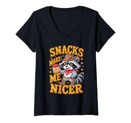 Damen Snacks Make Me Nicer Funny Cowboy Raccoon Meme Animal T-Shirt mit V-Ausschnitt Damen Snacks Make Me Nicer Funny Cowboy Raccoon Meme Animal T-Shirt mit V-Ausschnitt von Snack Meme Vibes Chill Humor Squad