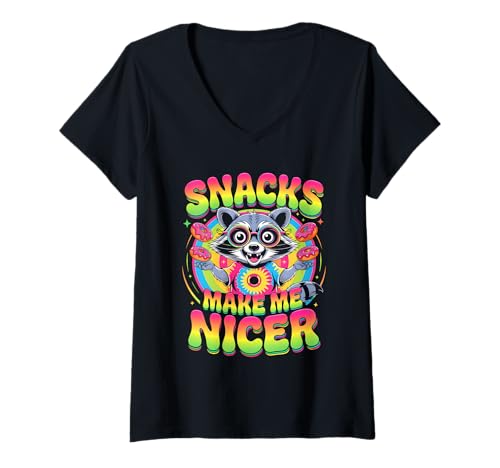 Damen Snacks Make Me Nicer Funny Groovy Donut Raccoon Meme Animal T-Shirt mit V-Ausschnitt Damen Snacks Make Me Nicer Funny Groovy Donut Raccoon Meme Animal T-Shirt mit V-Ausschnitt von Snack Meme Vibes Chill Humor Squad