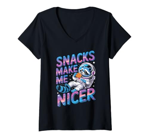 Damen Snacks Make Me Nicer Funny Raccoon Cookies Space Meme Animal T-Shirt mit V-Ausschnitt Damen Snacks Make Me Nicer Funny Raccoon Cookies Space Meme Animal T-Shirt mit V-Ausschnitt von Snack Meme Vibes Chill Humor Squad