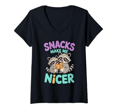 Damen Snacks Make Me Nicer Funny Raccoon Cute Meme Animal T-Shirt mit V-Ausschnitt Damen Snacks Make Me Nicer Funny Raccoon Cute Meme Animal T-Shirt mit V-Ausschnitt von Snack Meme Vibes Chill Humor Squad