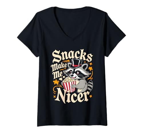 Damen Snacks Make Me Nicer Funny Raccoon Popcorn Meme Animal T-Shirt mit V-Ausschnitt von Snack Meme Vibes Chill Humor Squad