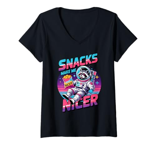 Damen Snacks Make Me Nicer Funny Raccoon Space Meme Animal T-Shirt mit V-Ausschnitt Damen Snacks Make Me Nicer Funny Raccoon Space Meme Animal T-Shirt mit V-Ausschnitt von Snack Meme Vibes Chill Humor Squad