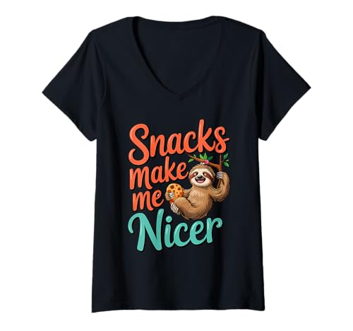 Damen Snacks Make Me Nicer Funny Sloth Cookies Meme Animal T-Shirt mit V-Ausschnitt Damen Snacks Make Me Nicer Funny Sloth Cookies Meme Animal T-Shirt mit V-Ausschnitt von Snack Meme Vibes Chill Humor Squad