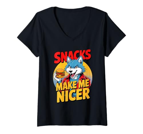 Damen Snacks Make Me Nicer Funny Wolf Meme Animal T-Shirt mit V-Ausschnitt Damen Snacks Make Me Nicer Funny Wolf Meme Animal T-Shirt mit V-Ausschnitt von Snack Meme Vibes Chill Humor Squad