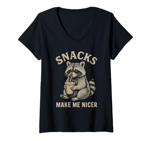 Damen Snacks Make Me Nicer Funny Raccoon Sarcasm T-Shirt mit V-Ausschnitt Damen Snacks Make Me Nicer Funny Raccoon Sarcasm T-Shirt mit V-Ausschnitt von Snacks Make Me Nicer Funny Raccoon Apparel
