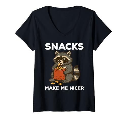 Damen Snacks Make Me Nicer Funny Raccoon T-Shirt mit V-Ausschnitt Damen Snacks Make Me Nicer Funny Raccoon T-Shirt mit V-Ausschnitt von Snacks Make Me Nicer Funny Raccoon Apparel