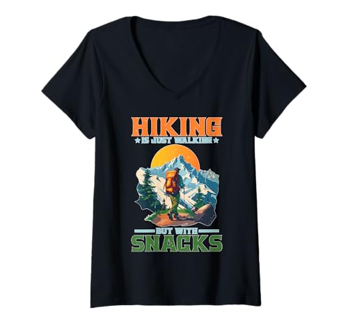 Damen Hiking is Just Walking But with Snacks Im Freien T-Shirt mit V-Ausschnitt Damen Hiking is Just Walking But with Snacks Im Freien T-Shirt mit V-Ausschnitt von Snacky Trails Abenteuer