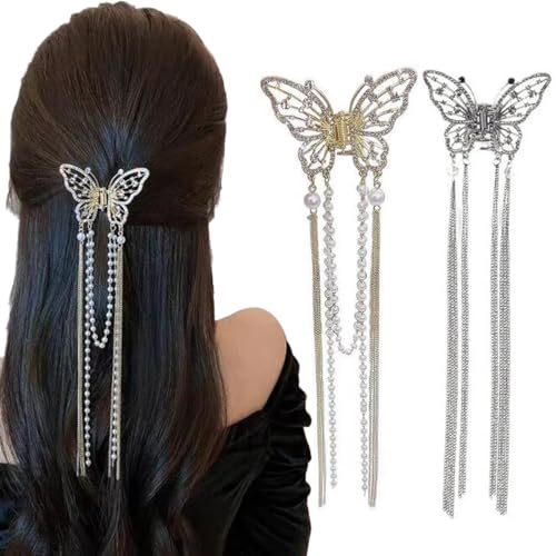 Snadulor Schmetterlings-Haarspangen mit Quaste, Perlen-Quaste, Haarspangen, Accessoires für Mädchen und Frauen, 2 Stück von Snadulor