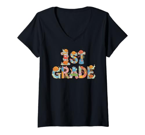 Damen Lustige Schnecke, erste Klasse, Schulanfang, Kinder, Jungen, Mädchen T-Shirt mit V-Ausschnitt von Snail Lovers First Day of School 1st Grade Outfits