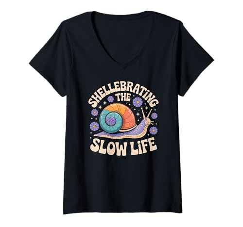 Damen Shellebrating The Slow Life Schneckenmuschel Floral Vibes T-Shirt mit V-Ausschnitt von Snail Shell Slow Life Celebrating Nature Relax