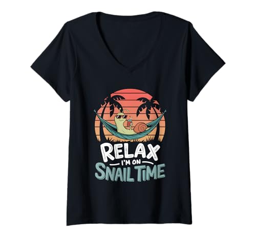 Damen Relax I'm On Snail Time T-Shirt mit V-Ausschnitt Damen Relax I'm On Snail Time T-Shirt mit V-Ausschnitt von Snail Snails Slug