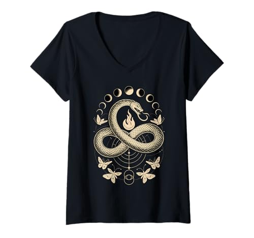 Damen Ouroboros Schlange Infinity Feuer Mond Symbol Design T-Shirt mit V-Ausschnitt Damen Ouroboros Schlange Infinity Feuer Mond Symbol Design T-Shirt mit V-Ausschnitt von Snake Infinity Moon Phase Symbol Fire Geometry Art