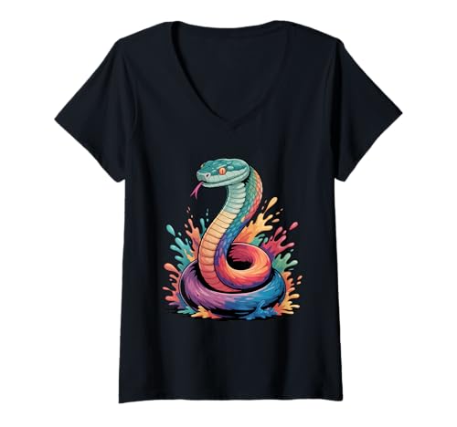 Damen Farbenfrohe Schlangen-Poster-Stil, Farbspritzer, Kunstgrafik T-Shirt mit V-Ausschnitt Damen Farbenfrohe Schlangen-Poster-Stil, Farbspritzer, Kunstgrafik T-Shirt mit V-Ausschnitt von Snake Lover Apparel & Arts