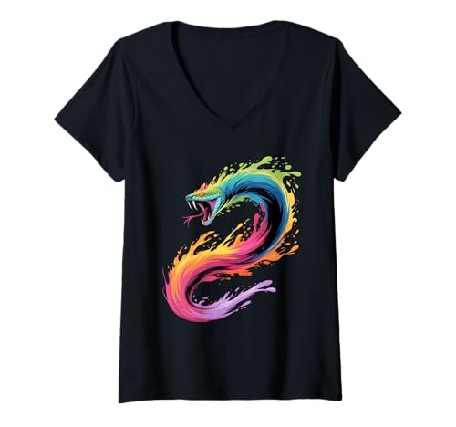 Damen Farbspritzer, Schlangenmotiv, bunt, Kunstgrafik T-Shirt mit V-Ausschnitt von Snake Lover Apparel & Arts