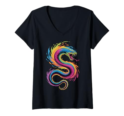 Damen Schlangen-Poster-Stil, Bunte Farbspritzer, Kunstgrafik T-Shirt mit V-Ausschnitt Damen Schlangen-Poster-Stil, Bunte Farbspritzer, Kunstgrafik T-Shirt mit V-Ausschnitt von Snake Lover Apparel & Arts