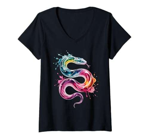 Damen Schlangen-Poster-Stil, Bunte Farbspritzer, Kunstgrafik T-Shirt mit V-Ausschnitt Damen Schlangen-Poster-Stil, Bunte Farbspritzer, Kunstgrafik T-Shirt mit V-Ausschnitt von Snake Lover Apparel & Arts
