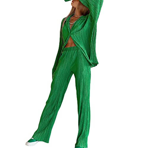 Outfit für Damen, 2-teiliges legeres Outfit mit Hose und Bluse, Revers, Langarm, Knopfleiste, lange Hose mit hoher Taille, Loungewear, Streetwear, grün, Large von Snaked cat