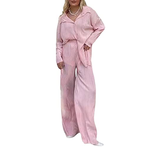 Outfit für Damen, 2-teiliges legeres Outfit mit Hose und Bluse, Revers, Langarm, Knopfleiste, lange Hose mit hoher Taille, Loungewear, Streetwear, rose, Small von Snaked cat