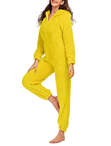 Snaked cat Damen Flanell-Pyjama Onesies Reißverschluss vorne Hoodie Plüsch Jumpsuit Einteiler Pyjama, gelb, 46 von Snaked cat