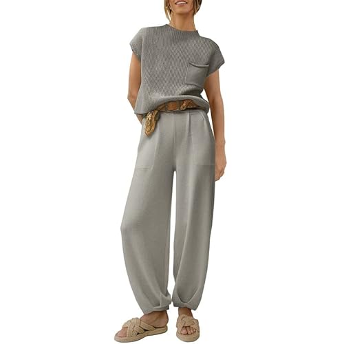 Damen-Loungewear-Anzug, kurzärmelig, 2-teilig, gerippt, Strickpullover, Tops und Hose mit hoher Taille, lässiger Pullover Sets, grau, 36 von Snaked cat